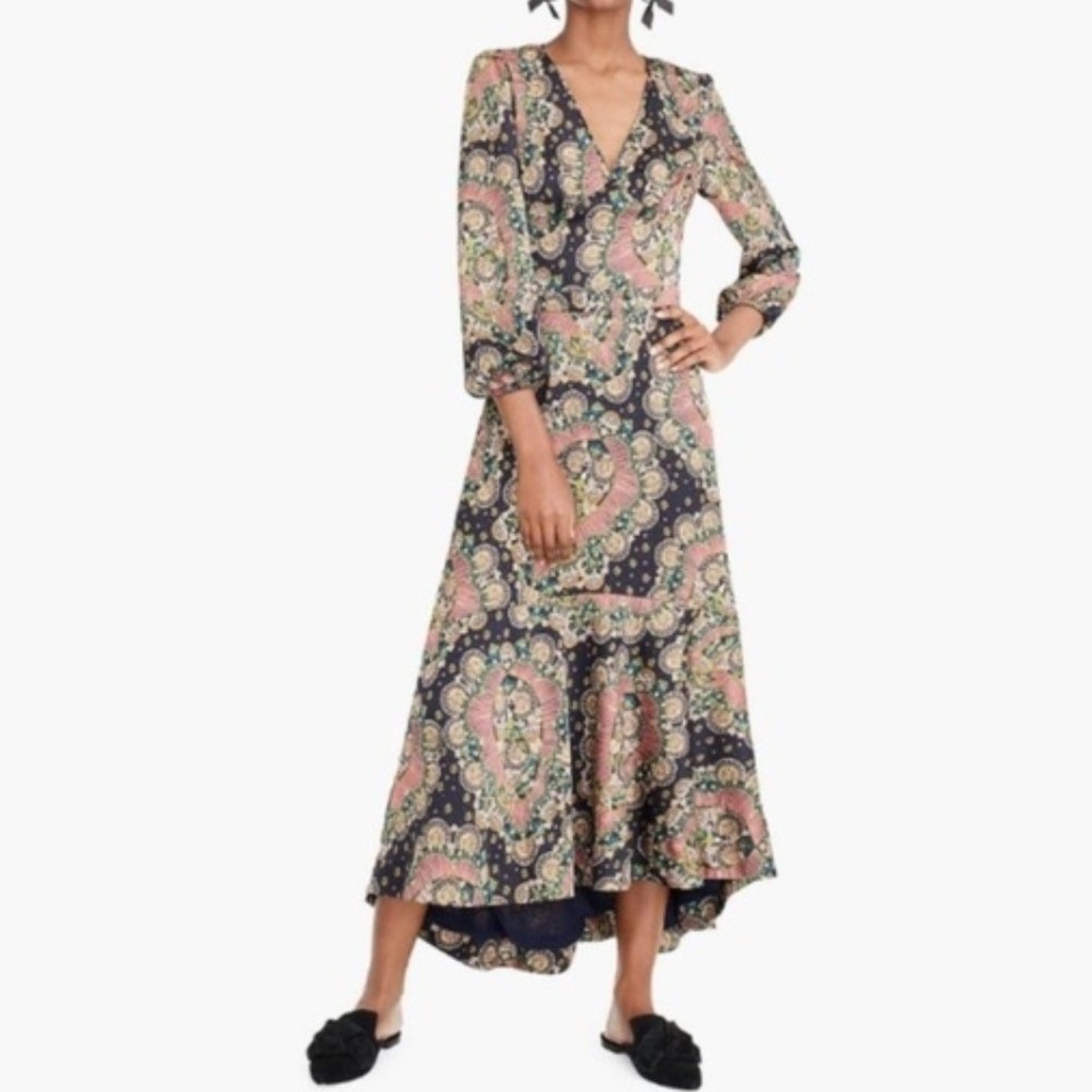 J Crew Point Sur Paisley Satin Maxi Dress Navy Blue Boho Prairie Medium 8